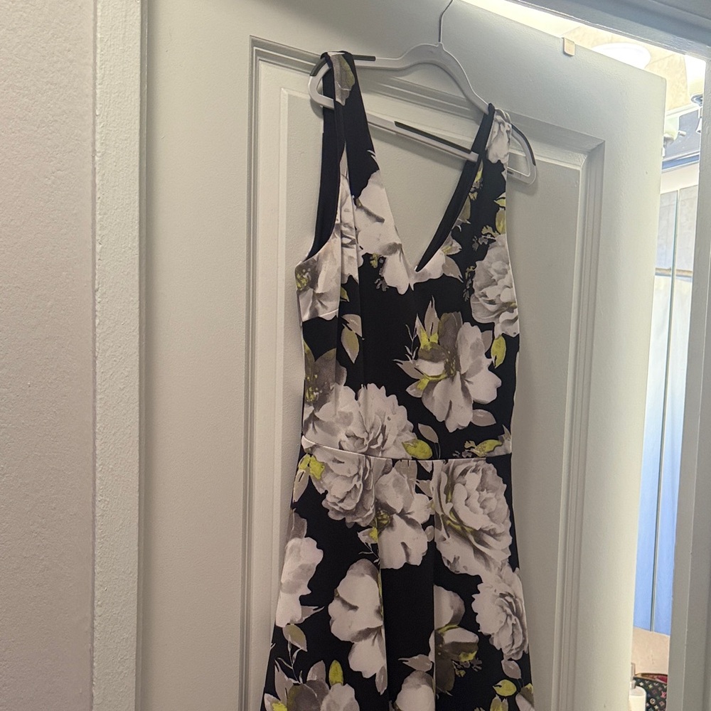 Aqua Black Floral Midi Dress with White & Lime Accents